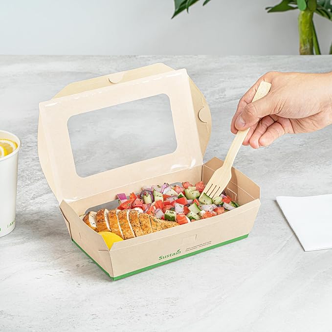 Restaurantware-Sustain 35 Ounce Sturdy Paper Take Out Boxes, 50 Disposable Take Out Food Containers - With PLA lining, Two Clear PLA Windows, Bamboo Paper Containers, Compostable, Tab-Lock Design