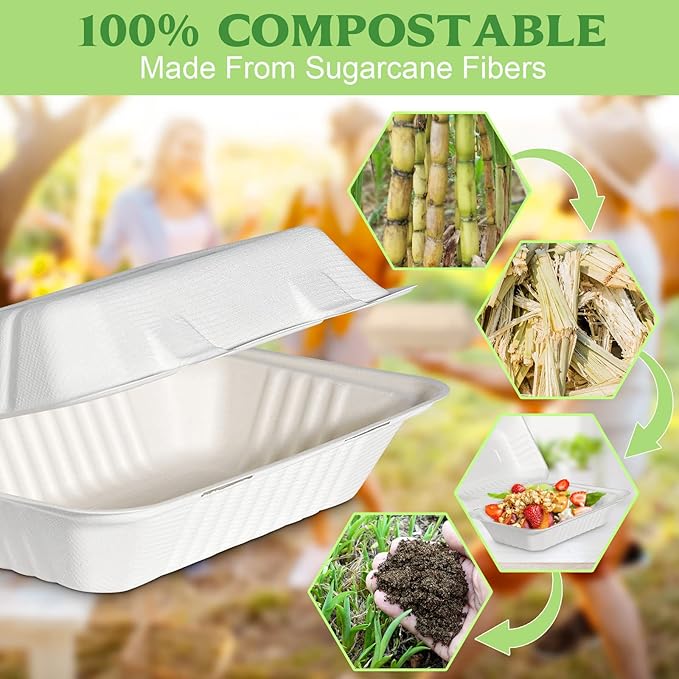 greensight Clamshell Take Out Food Container 75 Pack, 9 x 6 Compostable To Go Containers, Disposable To Go Boxes Heavy Duty, Biodegradable Eco Friendly Containers With White Bagasse