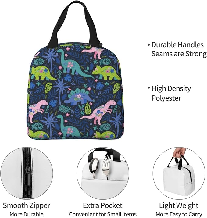 Dinosaur Lunch Box Cartoon Cute Animals Insulated Lunch Bag for Women Men Reusable Cooler Navy Dinosaur Flowers Lunch Tote Bag with Front Pocket for Hiking Picnic Travel Office, wjoy-box-8