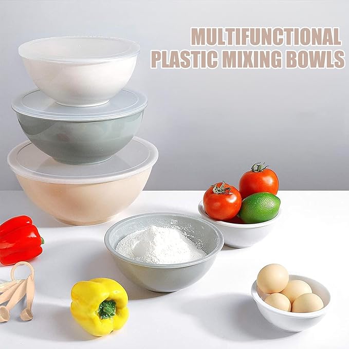 Umite Chef Nesting Mixing Bowls Set with Airtight Lids, 18 Piece Plastic, Includes Measuring Cups, Mixing Bowl Set Great for Mixing, Baking, Serving, Dishwasher (Khaki)