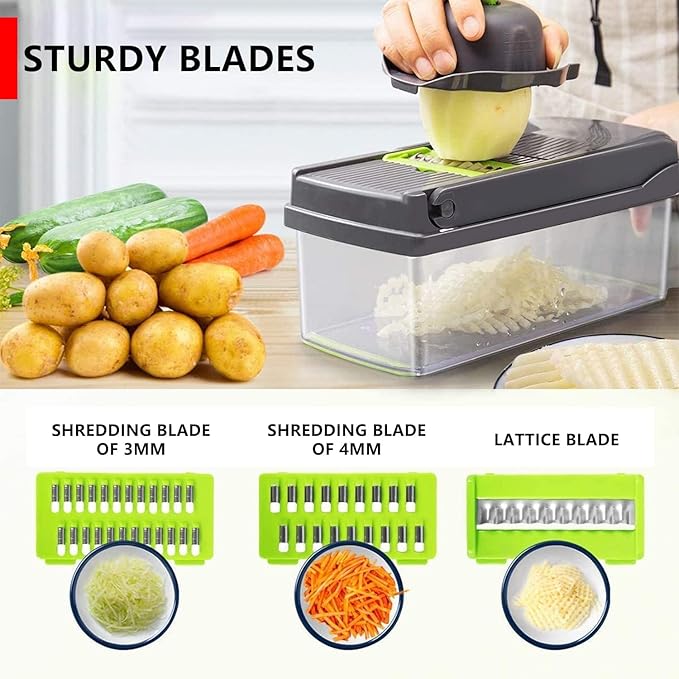 Vegetable Chopper, Onion Chopper, Mandolin Slicer,Pro 10 in 1professional food multifunctional Vegetable Chopper and Slicer, Dicing Machine, AdjustableVegetable Cutter Container (Gray>Green Mix)