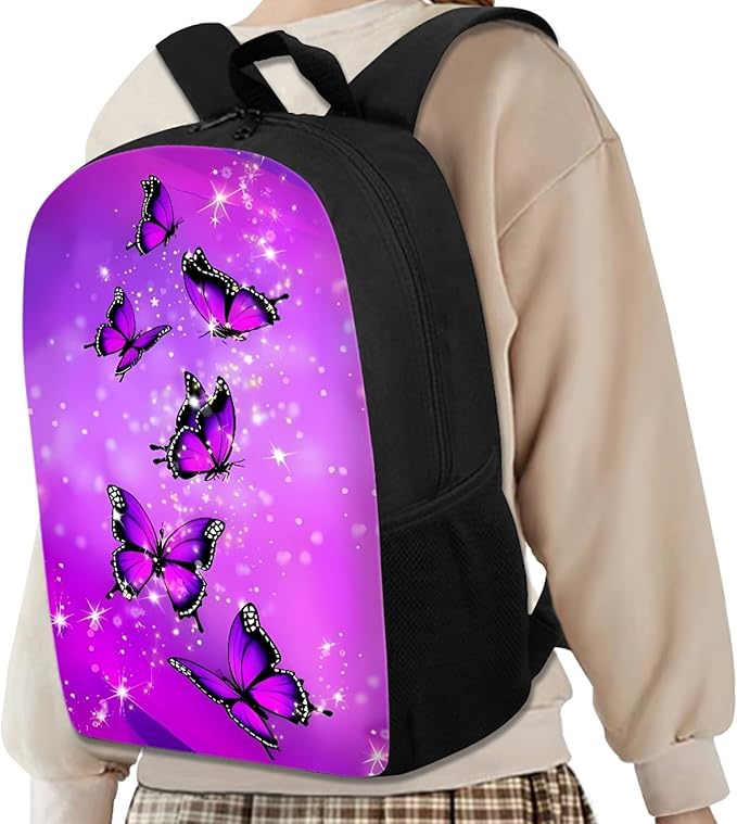 Dolyues 3 Piece Fashion Kids Backpack Set with Lunch Bag and Pencil Box, Purple Shiny Crystal Butterfly Print School Bookbag Outdoor Travel Bags Lightweight Daypack for Teen Girls