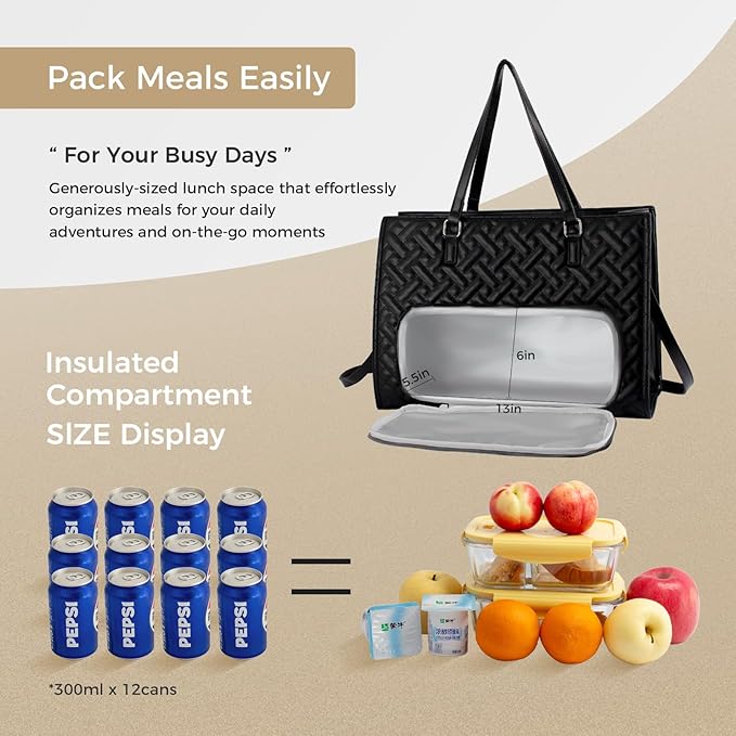Lunch Tote Bag for Women, 15.6 inch Work Laptop Bag with Insulated Lunch Compartment - PU Leather Quilted Large Computer Handbag with Purse for Office Travel Casual - Black