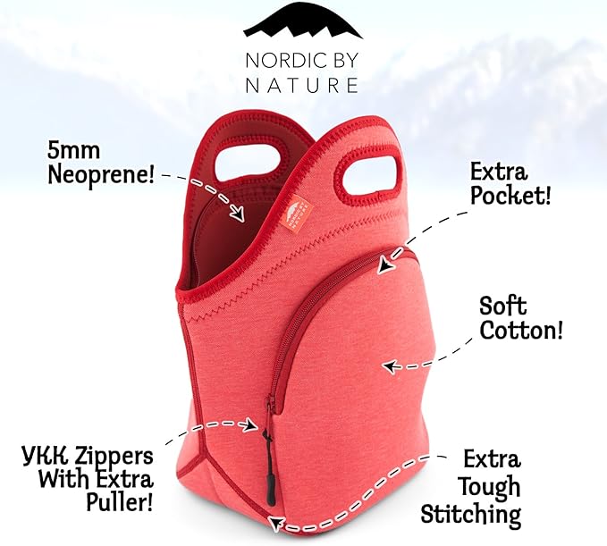 Nordic By Nature Insulated Neoprene Lunch Bag, Soft & Foldable Washable & Reusable Extra-Pocket (L) Pale Amaranth