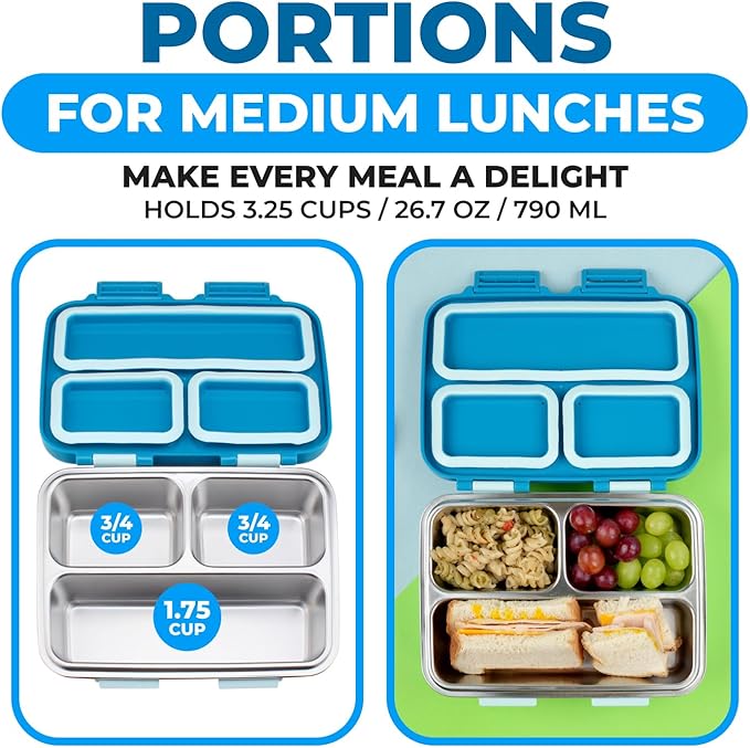 kinsho Stainless Steel Bento Box Lunch Container for Kids Adults with Removable Tray, Leakproof Silicone Seals, BPA Free 26 oz/790 mL (Blue)