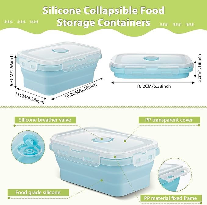 Mifoci Set of 8 Silicone Collapsible Food Storage Containers 17 oz Collapsible Meal Container Square Bowl with Vent Lids, Microwave, Freezer and Dishwasher Safe (Blue, Gray, Pink, Green)