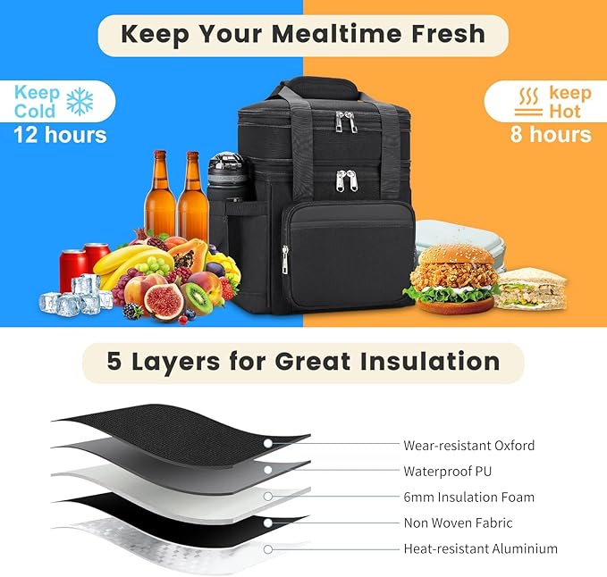 Insulated Lunch Bag & Lunch Box for Men - Double Deck Reusable Lunch Bag for Women Tote Cooler Bag Leakproof Soft Expandable - Large Lunchbox for Work/Adult/Picnic/Outdoor (Black,15L)
