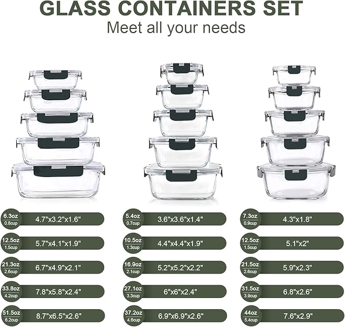 30 Pieces Glass Food Storage Containers Set, Glass Meal Prep Containers Set with Snap Locking Lids, Airtight Glass lunch Containers for Microwave, Oven, Freezer & Dishwasher,Gray