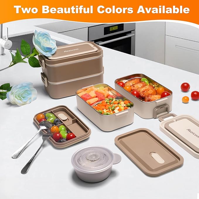 Stainless Steel Lunch Box for Kids and Adult, Two Layer 2 L Capacity Leak-Proof Bento Box for Kids, Lunch Containers for Women School Office with Stainless Steel Soup Bowl Spoon and Fork