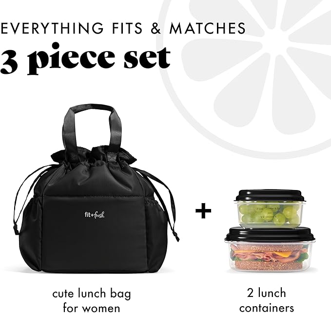 Fit & Fresh Lunch Bag For Women, Insulated Womens Lunch Bag For Work, Stain-Resistant Large Lunch Box For Women With Containers, Cinch Closure Cromwell Bag, Black