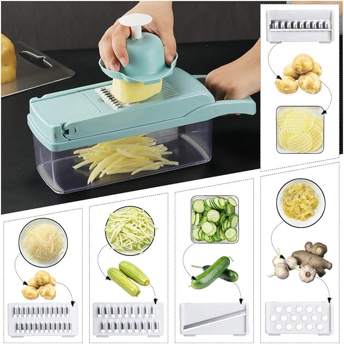 Vegetable Chopper, Cambom Multifunctional Vegetable Cutter Onion Chopper Mandoline Slicer Dicer with Colander Basket and Container 8 Interchangeable Blades
