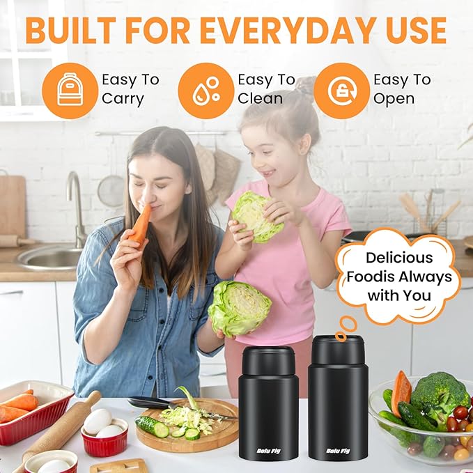 2 Pack Soup Thermo for Hot & Cold Food for Adults, Insulated Food Jar, Stainless Steel Vacuum Thermal Lunch Box Containers with Carry Bag and Spoon (18.5oz, 27oz) (Black)