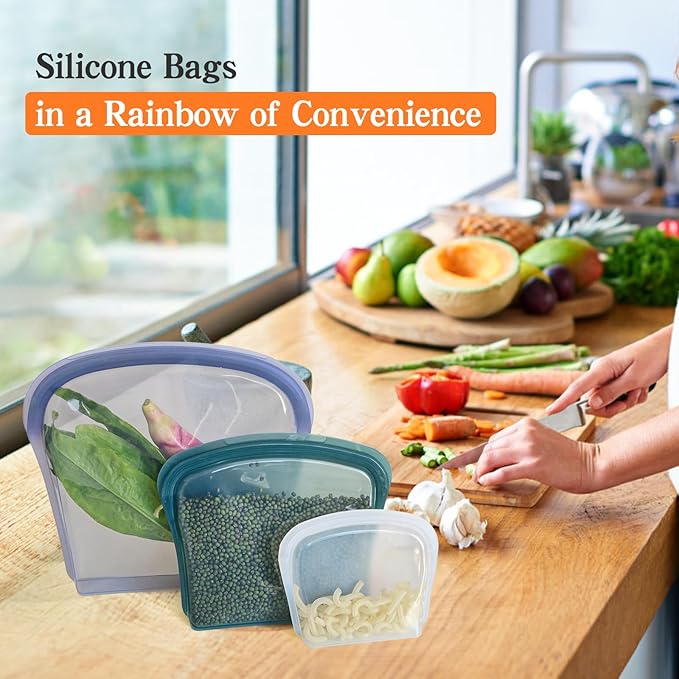 KVK Platinum Silicone Reusable food storage Bags Multipack - 12 Pcs clear freezer storage containers, Double Lock Seal Leakproof reusable snack bags- Oven Dishwasher Freezer Safe - Mix Dark Color