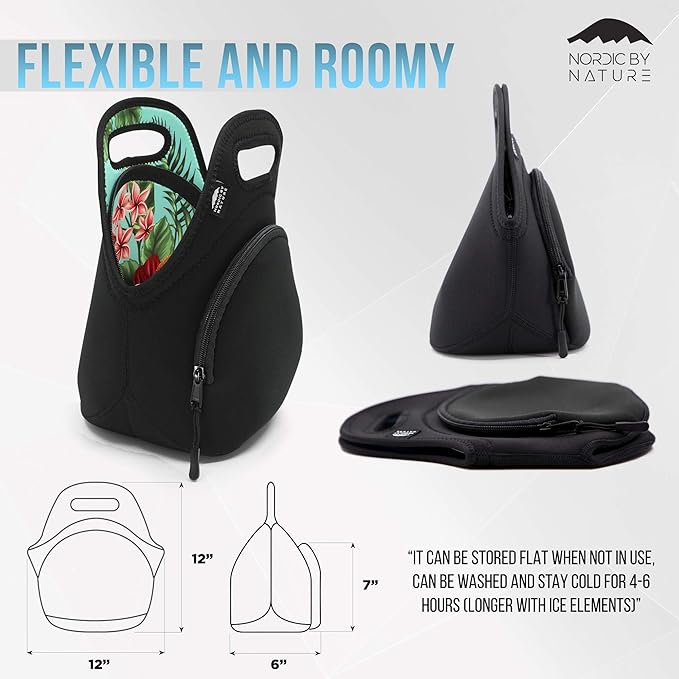 Nordic By Nature Neoprene Lunch Bags For Women, Men & Kids, Green Flower, 12"L x 12"H x 6.5"W