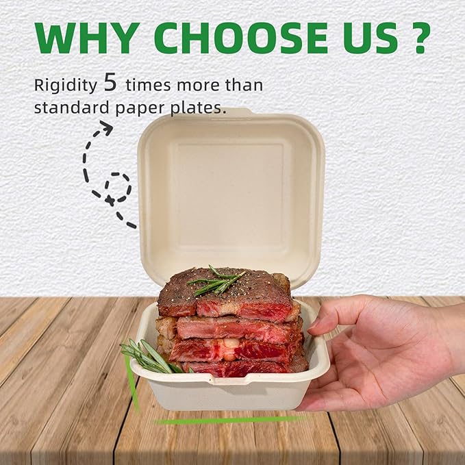 125 Pack 6x6 Inch Clamshell Take Out Food Containers,100% Compostable Disposable To Go Containers with Lid,Square Small Lunch Box,Heavy Duty,Eco-Friendly Biodegradable Bagasse Take Out Boxes
