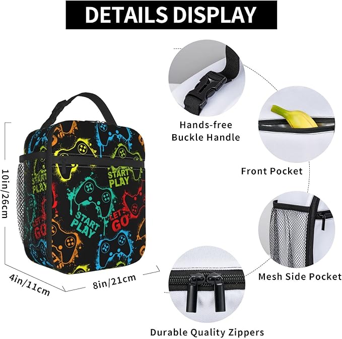 YETTA YANG Video Game Cool Portable Lunch Bag Insulated Lunch Box Reusable Totes For Women Men Work Picnic Camping