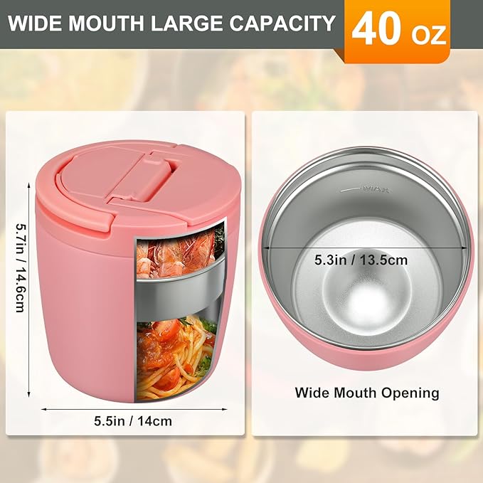 MAXSO Lunch Container 40 oz for Adults Stainless Steel Vacuum Insulated Food Jar, Soup Thermo for Hot Food Thermal Bento Box, Wide Mouth Leakproof Buckle Lid with Spoon - Pink