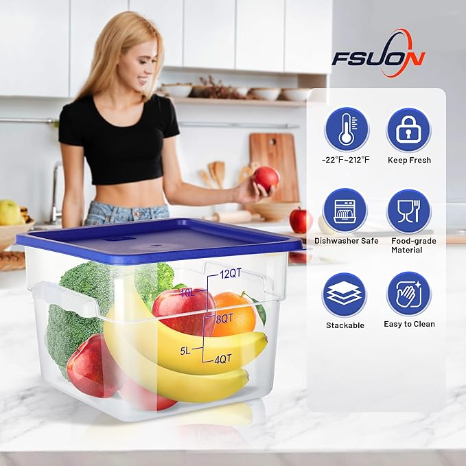 12Qt Food Storage Containers with Lids, Polycarbonate Square Commercial Food Containers, NSF, Clear, 4 Pack