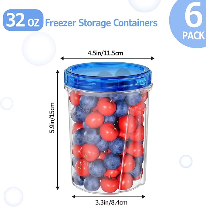 6 Pack-32 OZ Freezer Storage Containers, Round Plastic Containers with Twist Top Lids, BPA Free Food Storage Containers, Leakproof Meal Prep Containers Microwave/Dishwasher Safe