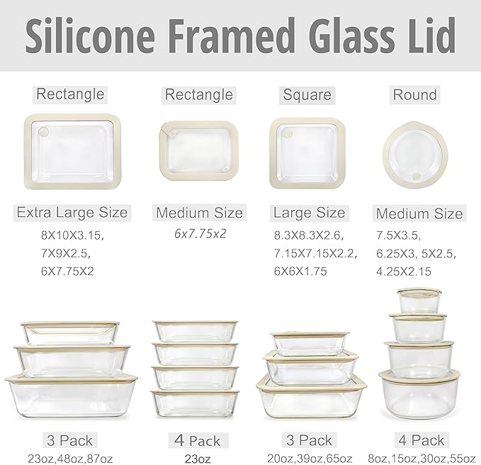 Urban Green Glass Food Container Set with Glass Lid, 4 Pack, Glass Containers with Silicone Framed Glass Lid, Airtight, LeakProof, 100% Plastic Free, Glass Meal Prep Containers (White Color)