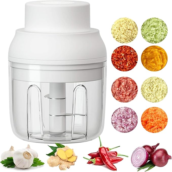 Electric Mini Food Chopper,250ML Portable Garlic Chopper with USB Charging Function, Mini Food Slicer for Onion Vegetables Chili Ginger Meat Nuts Fruits Salad (White)