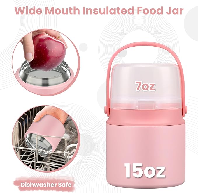 2-In-1 Soup Thermo for Hot Food Kids, 15 Oz Insulated Food Container and a Snack Box, Wide Mouth, Leak Proof, Stainless Steel Spoon, Dishwasher Safe Food Thermo Set for School, Work, Travel, Pink
