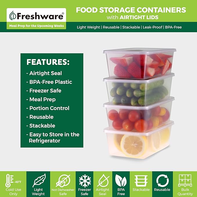Freshware [45 Pack, 25 oz Plastic Deli Food Storage Soup Containers With Airtight Lids, Slime Containers, Freezer Safe | Meal Prep | Stackable | Leakproof | BPA Free, Clear