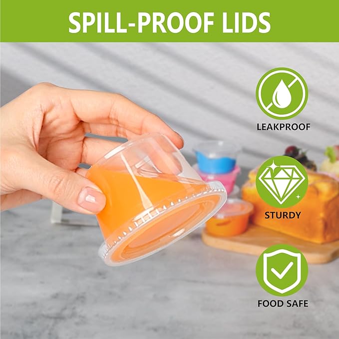 4oz Crystal Jello Shot Cups with Lids 100 Set, Airtight & Freezer Safe Small Meal Prep Plastic Portion Cups for Salad Dessert Condiment Sauce Souffle, Food Storage Cups for Lunch Party Trips