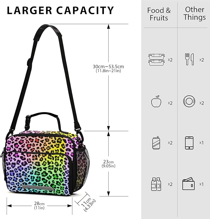 Pfrewn Lunch Box for Kids School Students Multicolor Leopard Rainbow Gradient Insulated Lunch Bag with Shoulder Strap for Office Adults Reusable Cooler Bags Lunch Tote for Girls Boys Teens