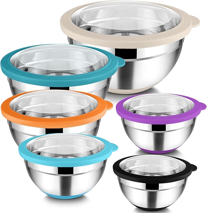TeamFar Mixing Bowls with Lids, 4.6/3.5/2/1.5/1/0.7 QT Stainless Steel Nesting Salad Bowls with Airtight Lids, For Mixing Serving, Non-Toxic & Sturdy, Non-Slip & Visible, Multi-Color, Set of 6