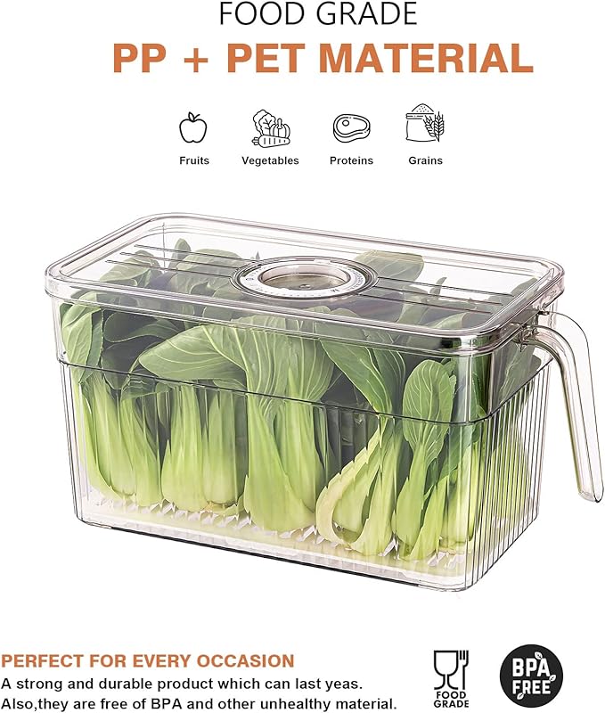 Loobuu 2 Pack Plastic Food Storage Produce Containers for Fridge, Stackable Lettuce Keeper for Refrigerator with Removable Drain Tray Keep Fresh for Vegetables/Fruit/Berry/Salad - 10'' x 5.3'' x 5.2''
