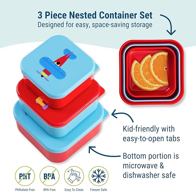 Wildkin Nesting Food Containers for Kids – Stackable, Airtight & Dishwasher Safe - Set of 3 - Trains, Planes & Trucks