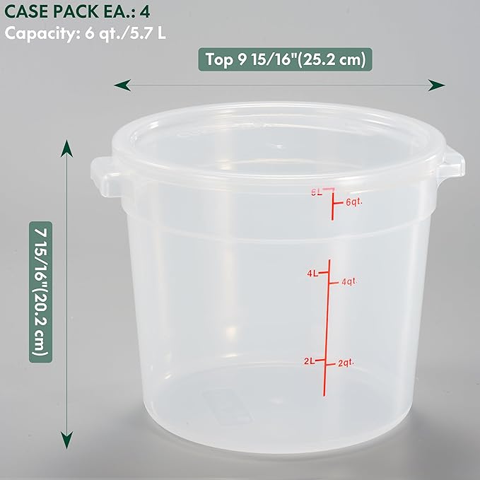 CURTA 6 Quart Translucent Round Food Storage Container with Lid, Pack of 4 – NSF Listed, BPA-Free, Commercial-Grade Polypropylene, Freezer & Dishwasher Safe, Non-Stick, Easy-Read Graduations