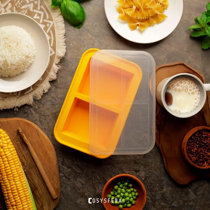 Silicone Freezer Tray with Lid – 2 Cup Portion Mold (2 Portions), Reusable Food Storage Container for Meal Prep, Soup, Sauce, Broth and Leftovers - DPA free - Microwave, Oven and Dishwasher Safe