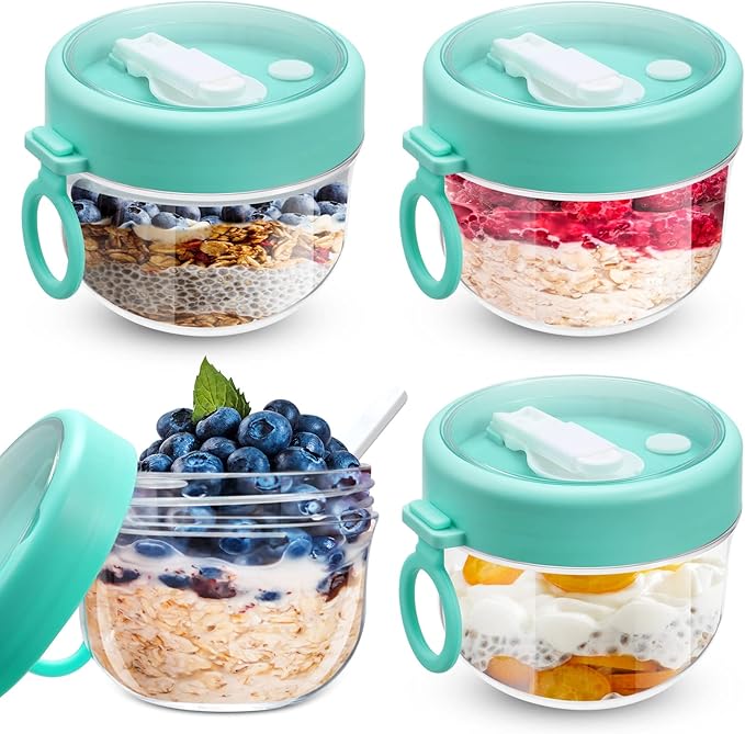4 Pcs Overnight Oats Container with Lids and Spoons, 20 oz Plastic Overnight Oats Jars Large Capacity Airtight Yogurt Container for Milk, Fruit, Cereal and Salad Storage (Cyan)