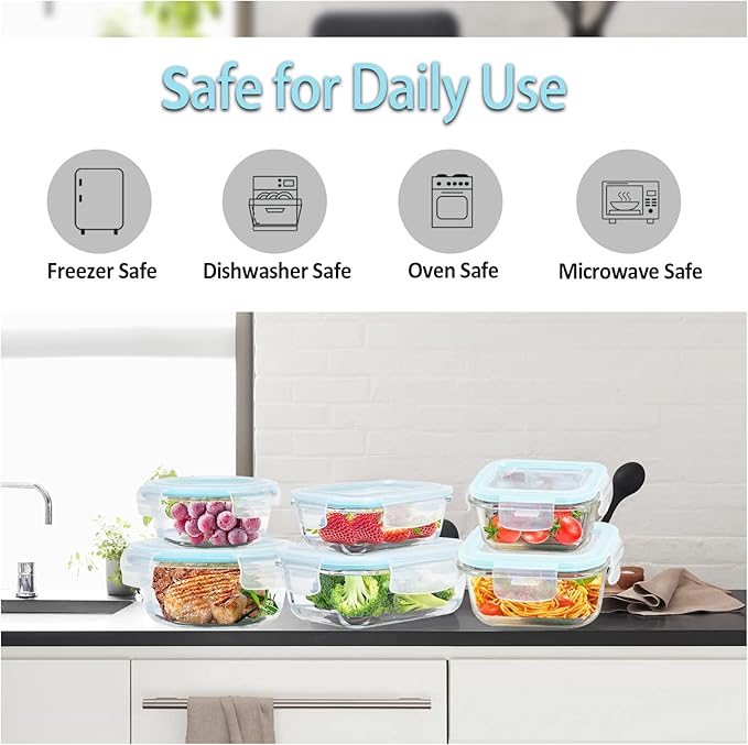 Glass Food Storage Containers With Lids Airtight 6 Pack, Not Easy Broken & Leak Proof, Oven/Dishwasher Safe, Blue