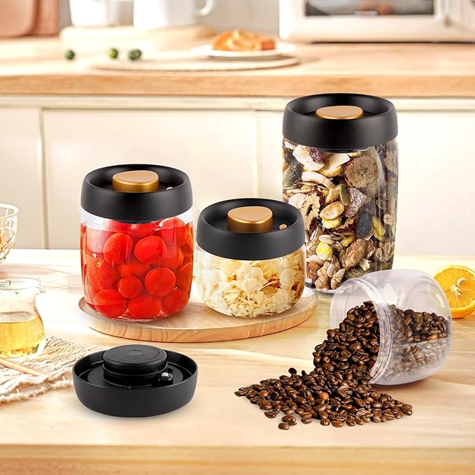 Coffee Vacuum Container Mason Jars: Food Coffee Bean Storage Containers with Lids Airtight, Plastic Wide Mouth Mason Jars Vacuum Sealer, Manual Vacuum Extraction Sealed Tank, 2pcs 1200ml
