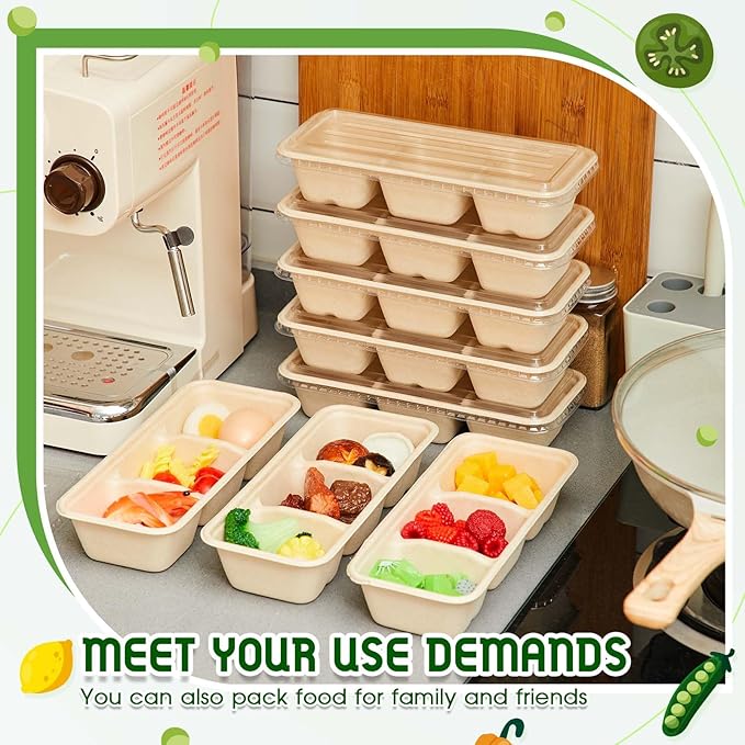 Hushee 100 Pack 17 oz Small Meal Prep Containers 3 Compartments with Lids, Disposable Plastic Bento Boxes Reusable Stackable Food Containers Travel Lunch Boxes for Office, Picnic (Natural)
