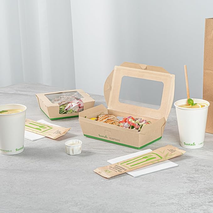 Restaurantware-Sustain 35 Ounce Sturdy Paper Take Out Boxes, 50 Disposable Take Out Food Containers - With PLA lining, Two Clear PLA Windows, Bamboo Paper Containers, Compostable, Tab-Lock Design