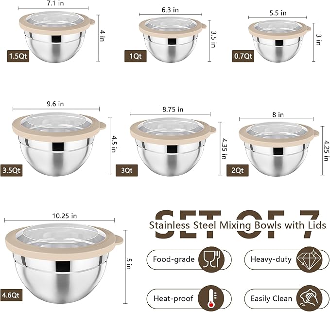 P&P CHEF Mixing Bowl with Lid Set, Stainless Steel Nesting Salad Bowls for Cooking Serving Prepping, Clear Lids & Stackable Design, Size 4.6, 3.5, 3, 2, 1.5, 1, 0.7 Qt - Khaki, Set of 7