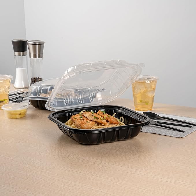 Restaurantware Thermo Tek 40 Ounce Clamshell Containers, 50 Disposable Take Out Boxes - Ventilated Lids, Microwavable, Black Plastic Meal Prep Containers, For Pastas, Salads, Or Sandwiches