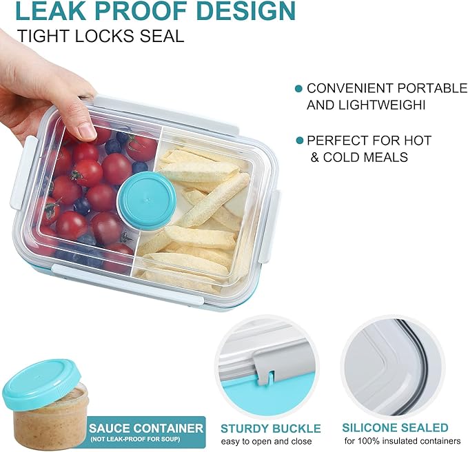 3 Pack Salad Lunch Box Food Storage Containers, 47oz Bento Box To Go Container with Lids, Meal Prep Containers with Removable Tray & Dressing Pots for Kids and Adults, Reusable and Microwave Safe