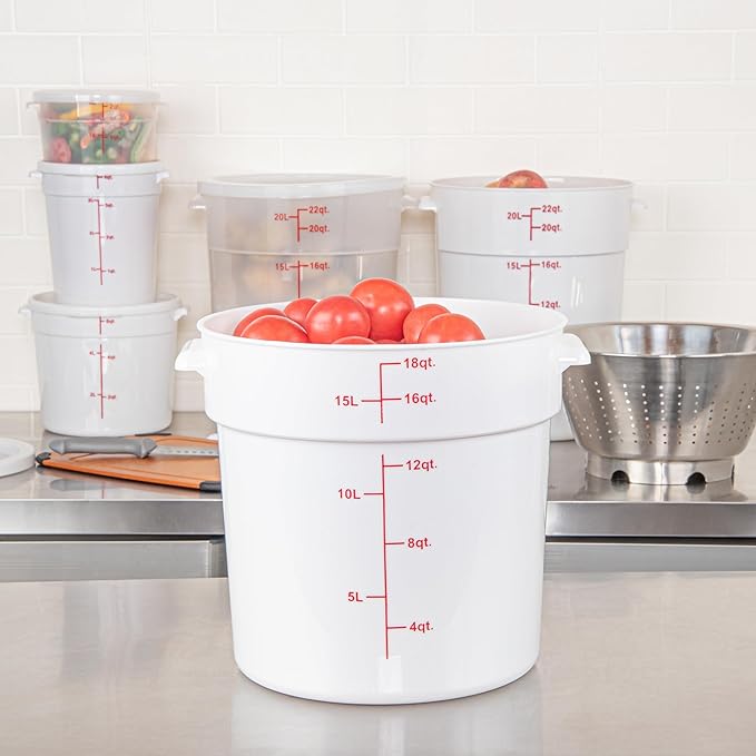 Restaurantware-Met Lux 18 Quart Food Storage Containers, 10 White Storage Containers - Lids Sold Separately, Red Volume Markers, Dishwashable Containers, Side Handles, For Storing Foods