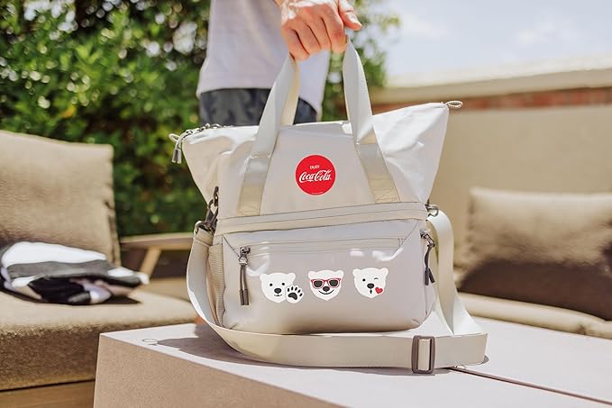 PICNIC TIME Coca-Cola Tarana Lunch Bag Cooler with Utensils Made from Recycled Material, Lunch Box with Picnic Set, Upcycled Lunch Cooler Bag, (Halo Gray)