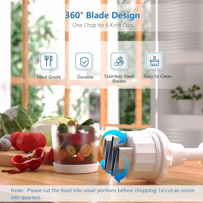 Food Chopper, Handheld Veggie Chopper for Vegetable, Onion, Garlic, Nut, Hand Vegetable Cutter, Dishwasher-safe, Stainless Steel Blade, White.