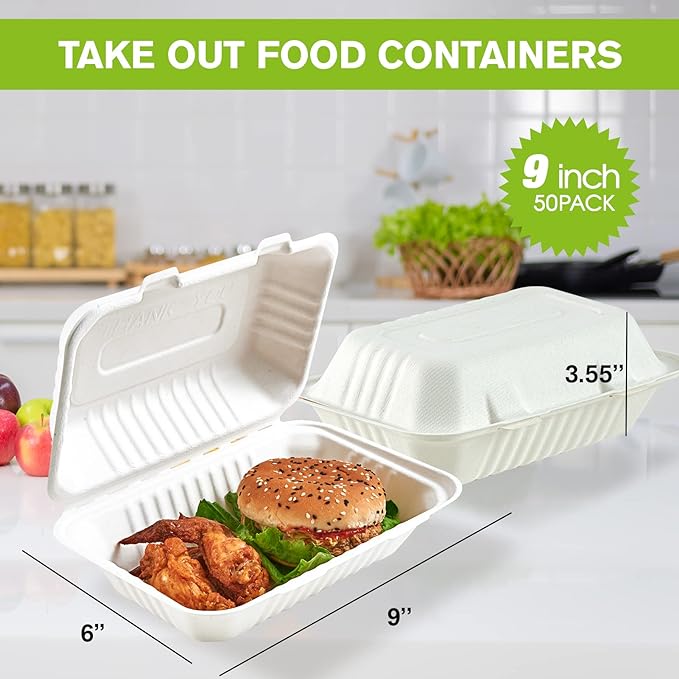 ECOLipak Clamshell Take Out Food Containers, 9 * 6 inch 75-Pack Disposable To Go Containers, To Go Boxes for Food Salad