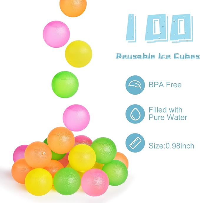 100 Pack Reusable Ice Cubes for Drinks - Colorful Round Shape Plastic Cubes Without Diluting - BPA Free, Refreezable for Coffee, Wine, Whiskey, Cocktails (Multicolor)
