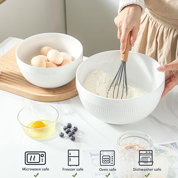 Ceramic Large Mixing Bowls for Kitchen, Set of 2 Big Serving Bowls for Cooking, Popcorn, Salad, Soup, Baking, Dough Bread Making Bowl, 10 inch + 8 inch, White