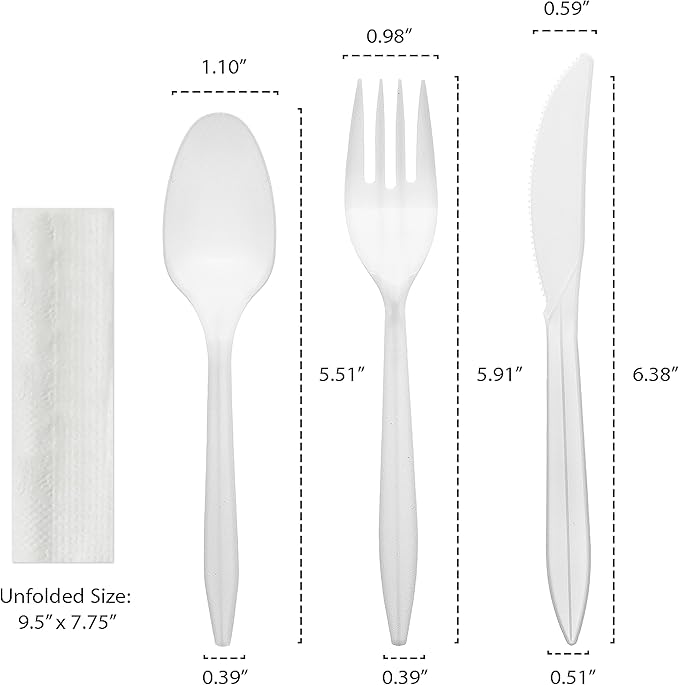 Party Essentials Individually Wrapped Plastic Cutlery Packets/Silverware Kits, White Fork/Spoon/Knife/Napkin, 100 Sets