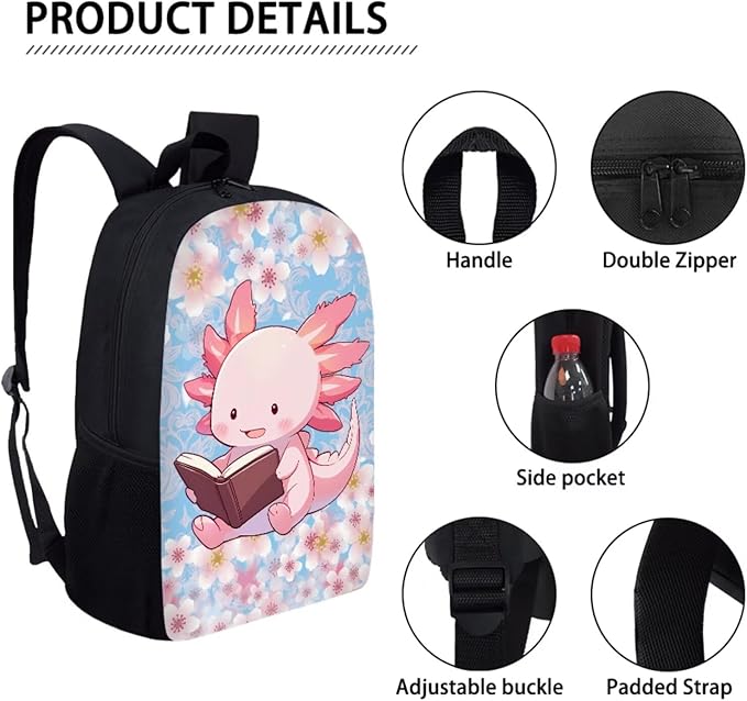 Dolyues Cherry Blossom Axolotl Cute Girls' Backpack Set for Elementary School - 3-Piece Bookbag with Lunch Bag & Pencil Case - Stylish and Functional School Essentials for Kids